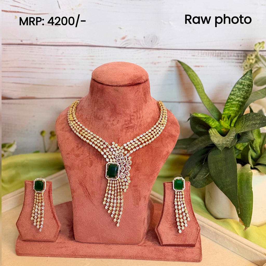 Emerald Green Statement Necklace Set with American Diamonds and Drop Earrings