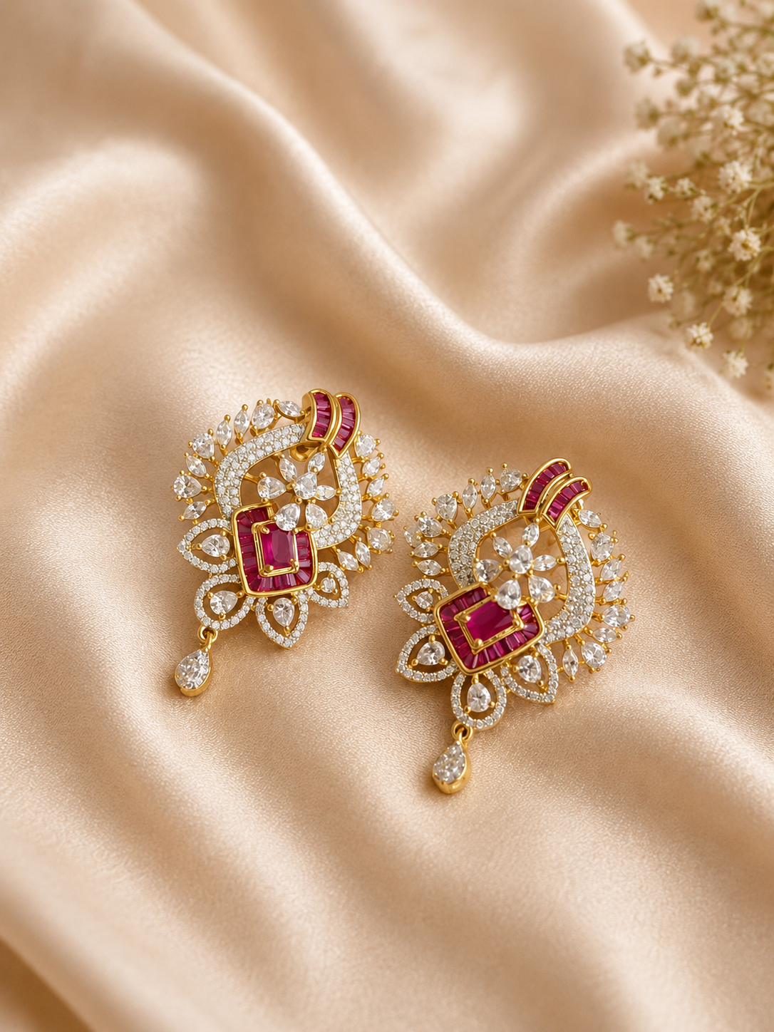Pink Beaded American Diamond Pendant Necklace Set with Earrings | Ruby Stone Party Wear Jewellery