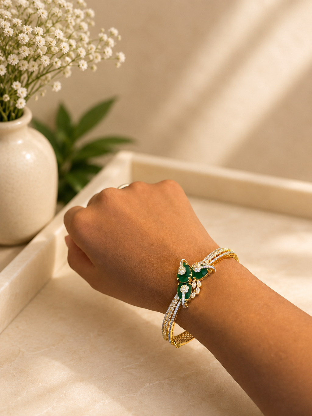 Emerald Butterfly Diamond Look Bracelet | Green Stone Designer Open Kada