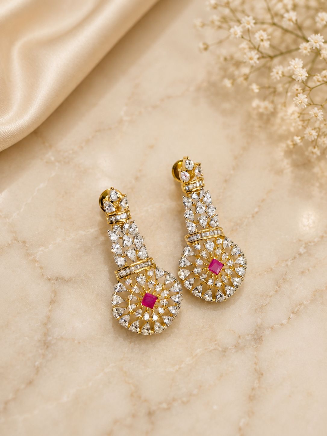 Pink Stone V-Shaped Diamond Necklace Set