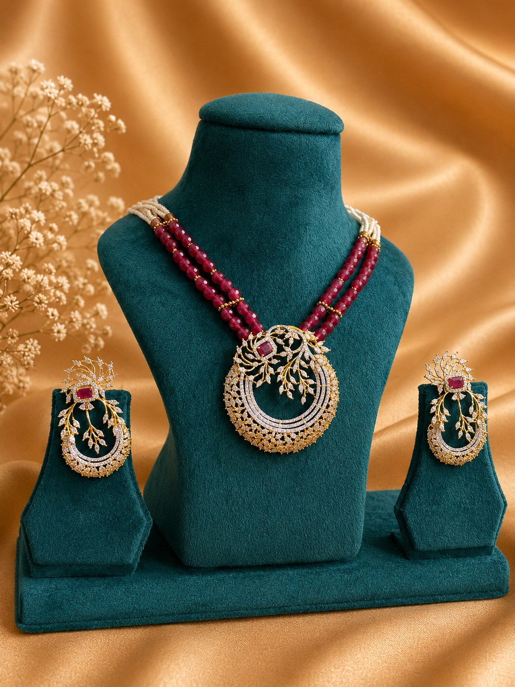 Ruby Red Beaded American Diamond Pendant Necklace Set with Matching Earrings | Designer Statement Jewellery