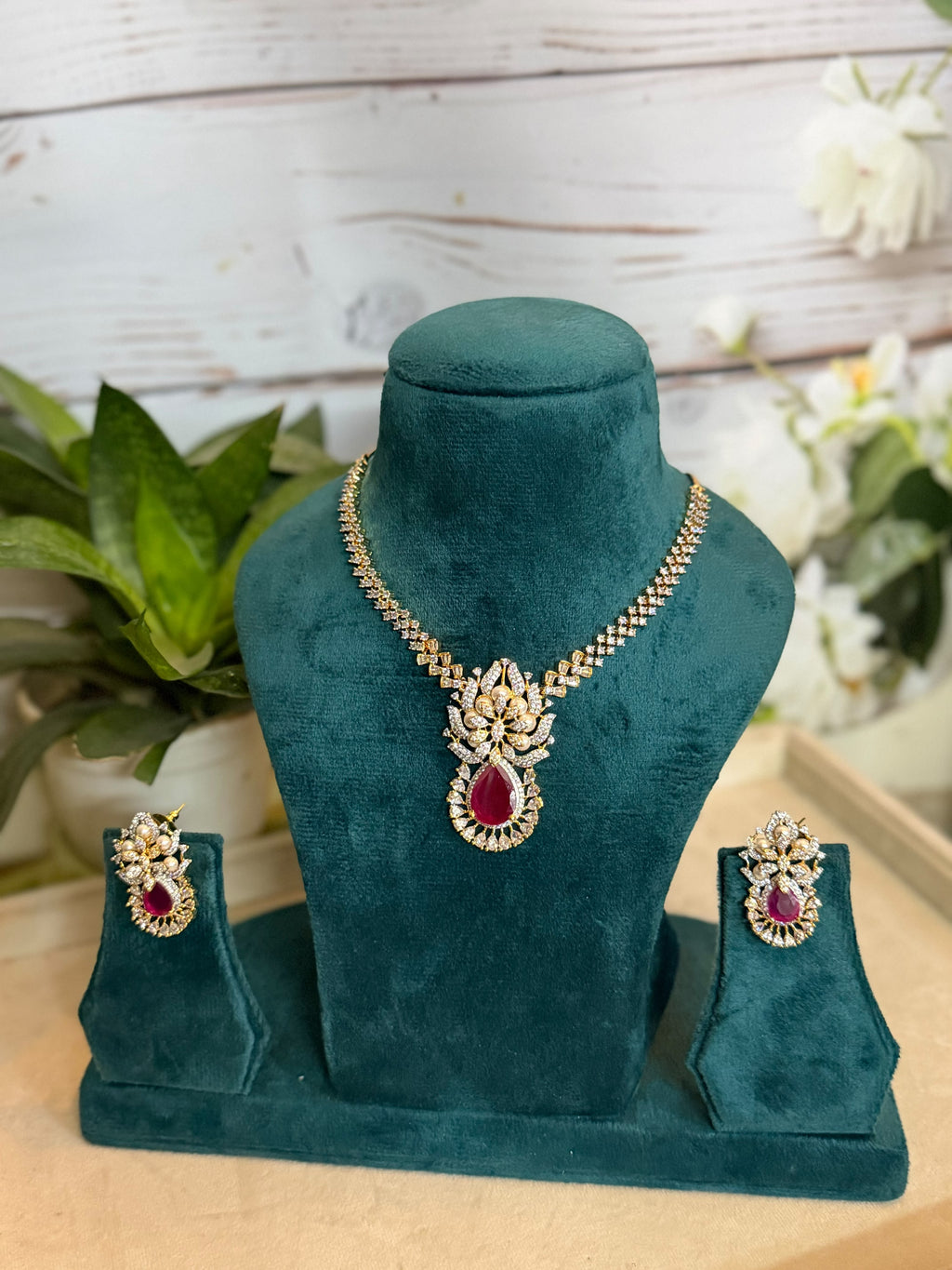 Ruby Drop Diamond Look Necklace Set