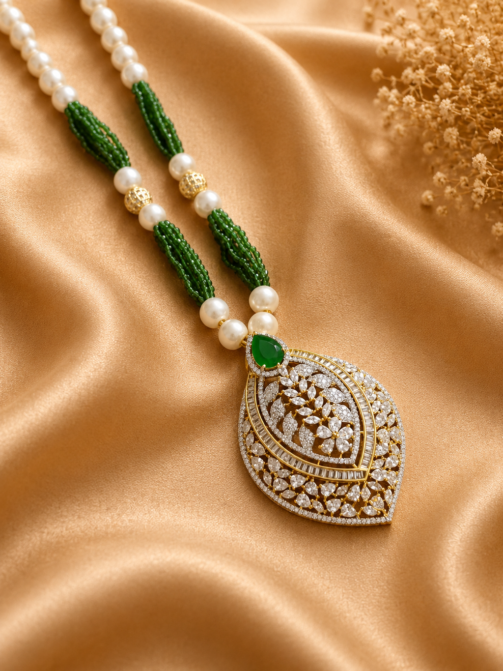 Green Beaded American Diamond Pendant Necklace Set with Matching Earrings | Leaf Motif Designer Jewellery