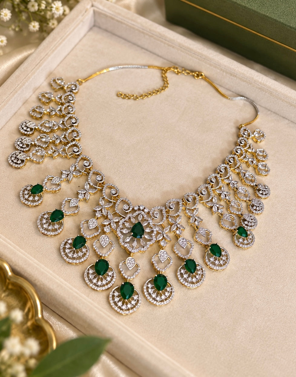 Green Diamond Look Necklace Set with Matching Earrings