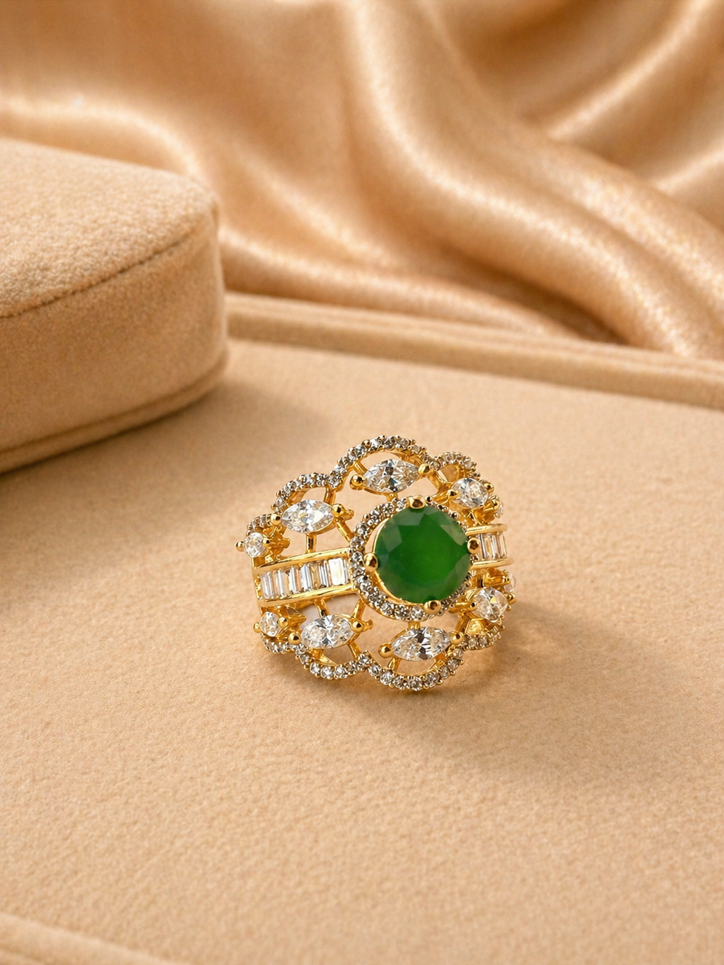 Adjustable Ruby Red/Green Floral Statement Ring with Diamond Look Detailing