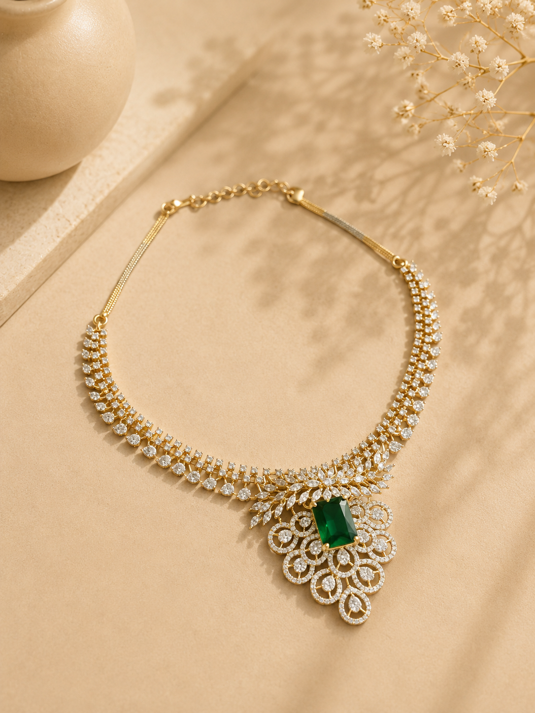 Emerald Green American Diamond Necklace Set with Earrings for Women | Wedding & Party Jewellery