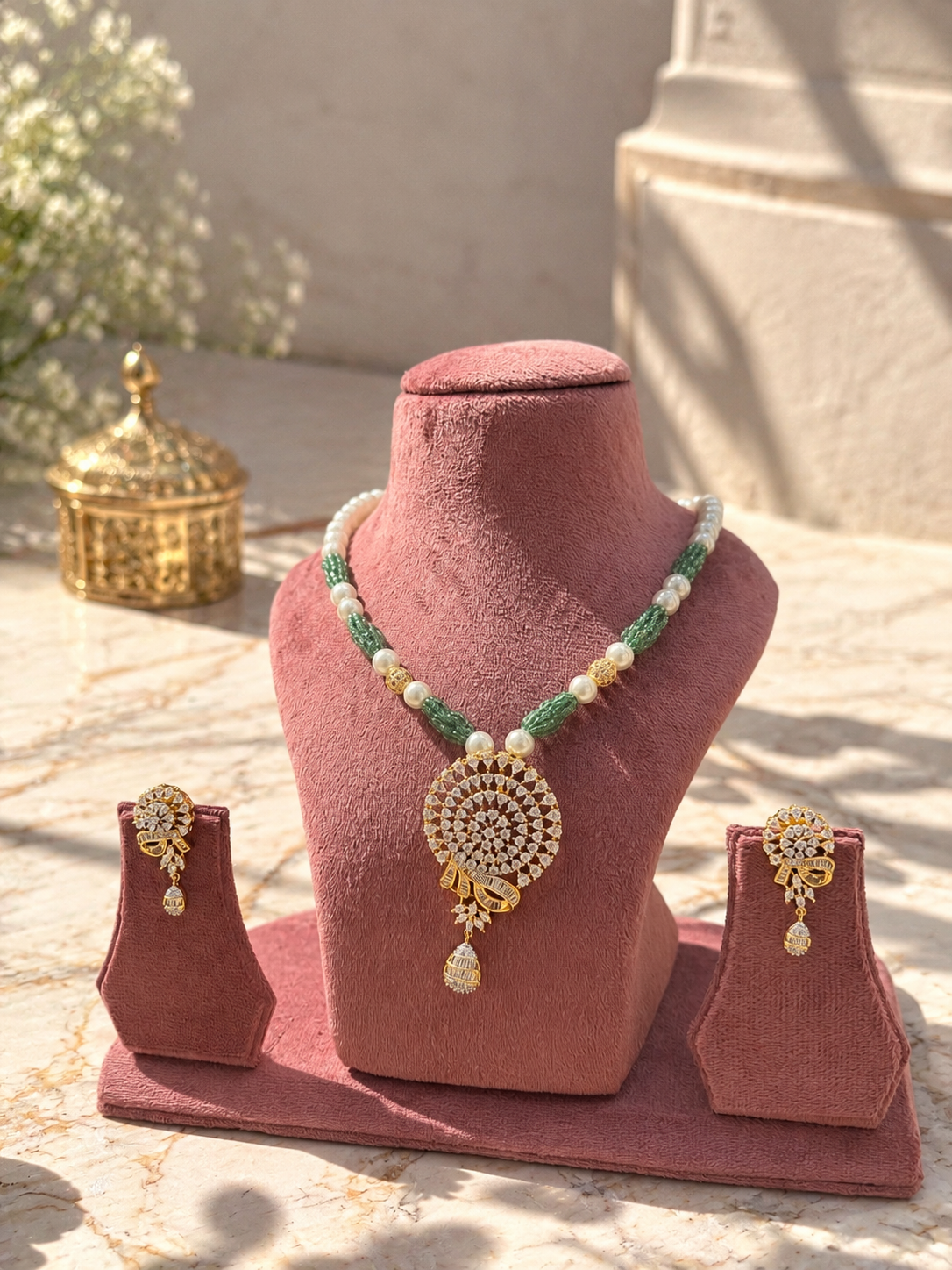 Diamond Pendant Pearl Beaded Necklace Set | Green Beads & Pearl Premium Anti Tarnish Jewellery