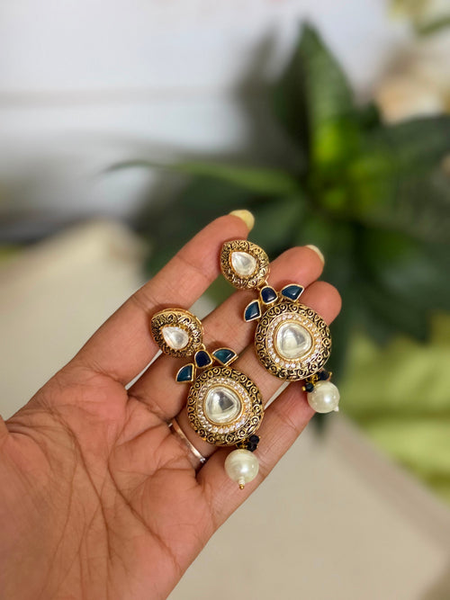Blue Kundan Pearl Choker Set | Multi Strand Pearl Choker Necklace | Anti Tarnish