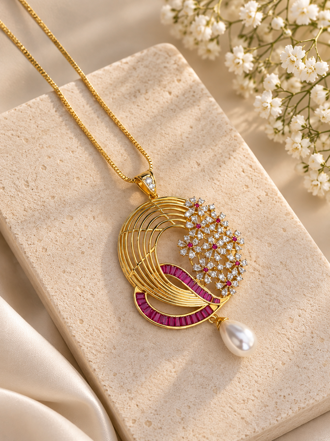 Pink & Pearl Designer Pendant Necklace Set | Statement Jewellery