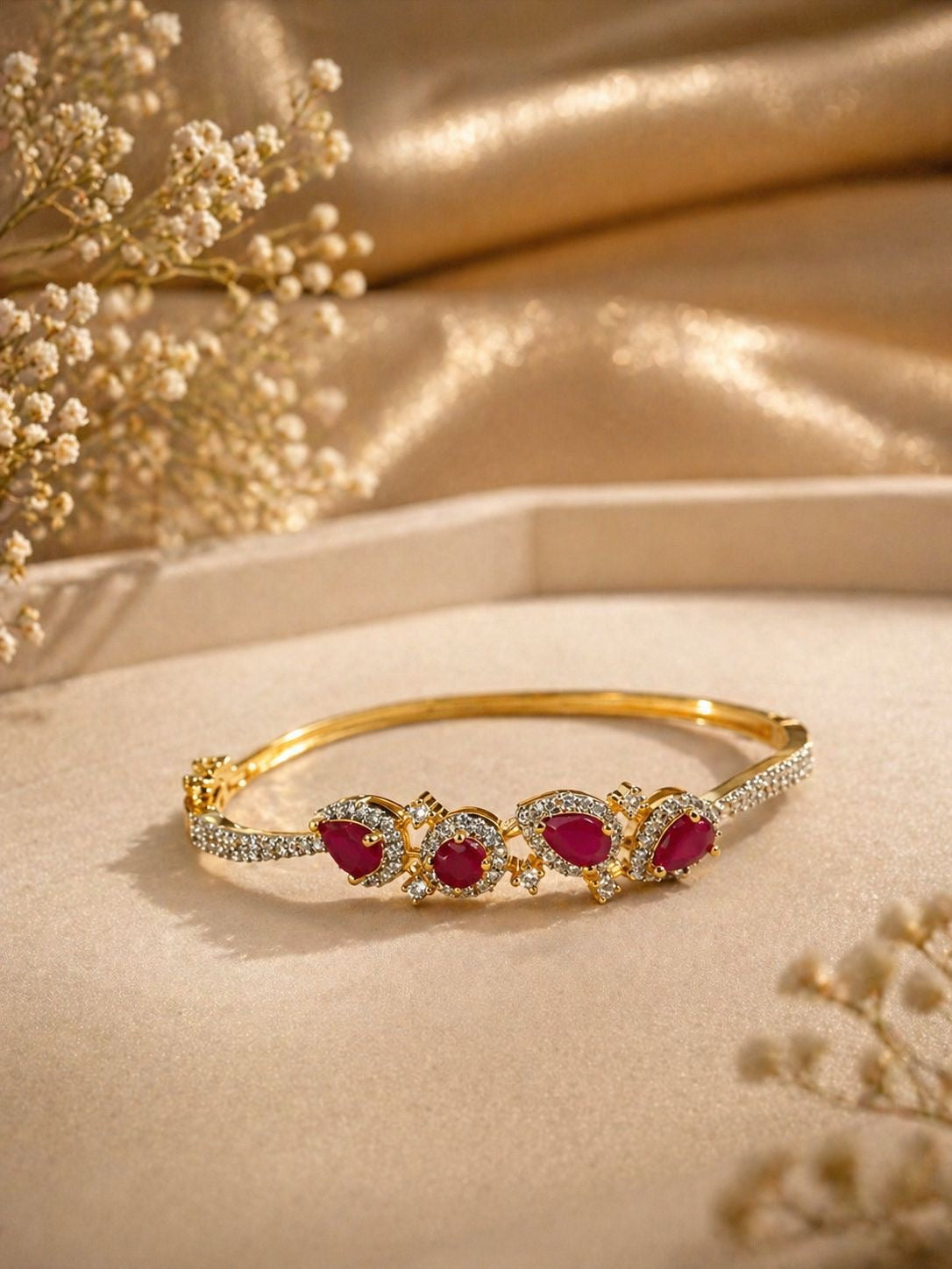 Red/Green Tone Gemstone Bracelet with Teardrop Stones and Crystal Detailing