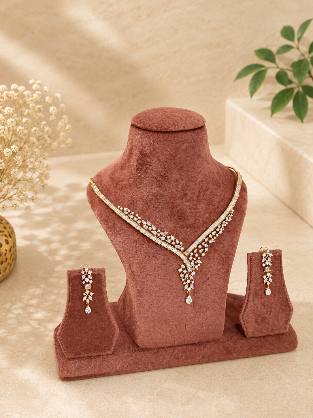 Celeste V-Layer Diamond Look Necklace Set | Elegant American Diamond Bridal Jewellery
