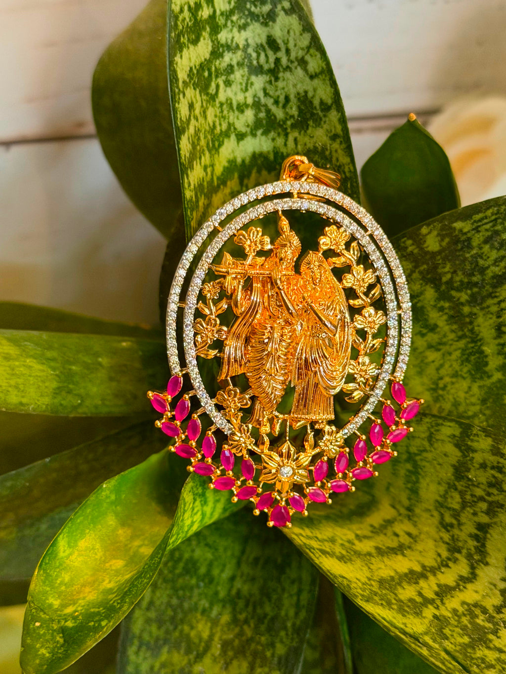 Radha Krishna Pendant Necklace Set | Pink Stone Statement Jewellery | House of Orna