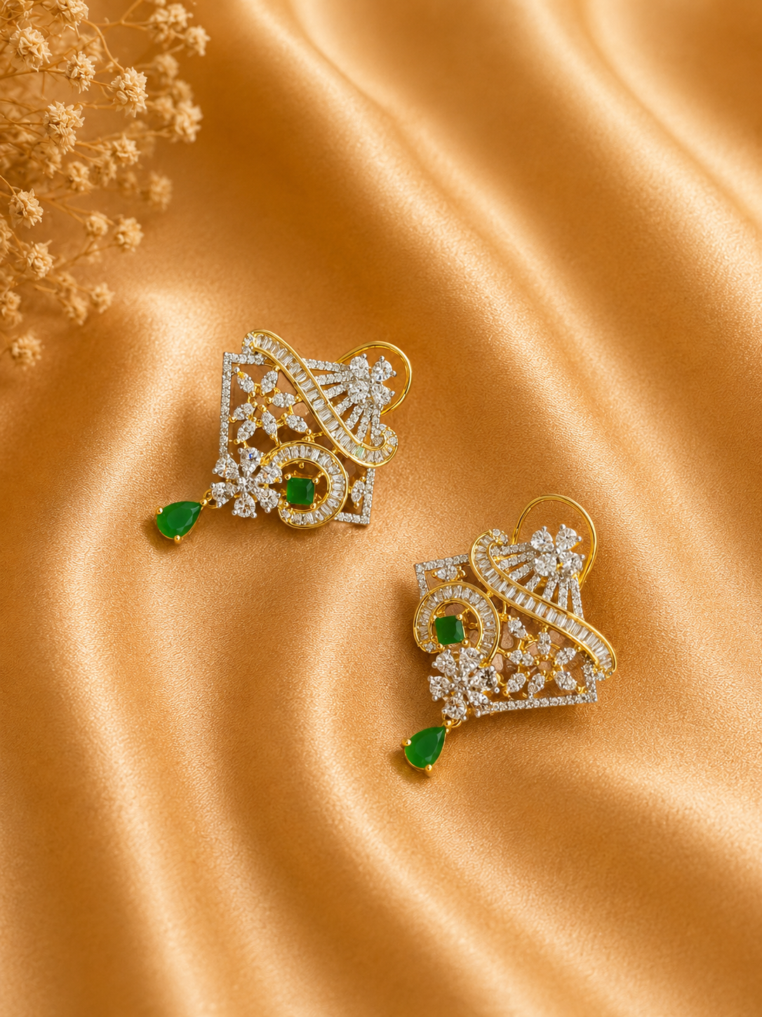 Green Beaded American Diamond Pendant Necklace Set with Matching Earrings | Designer Emerald Party Wear Jewellery