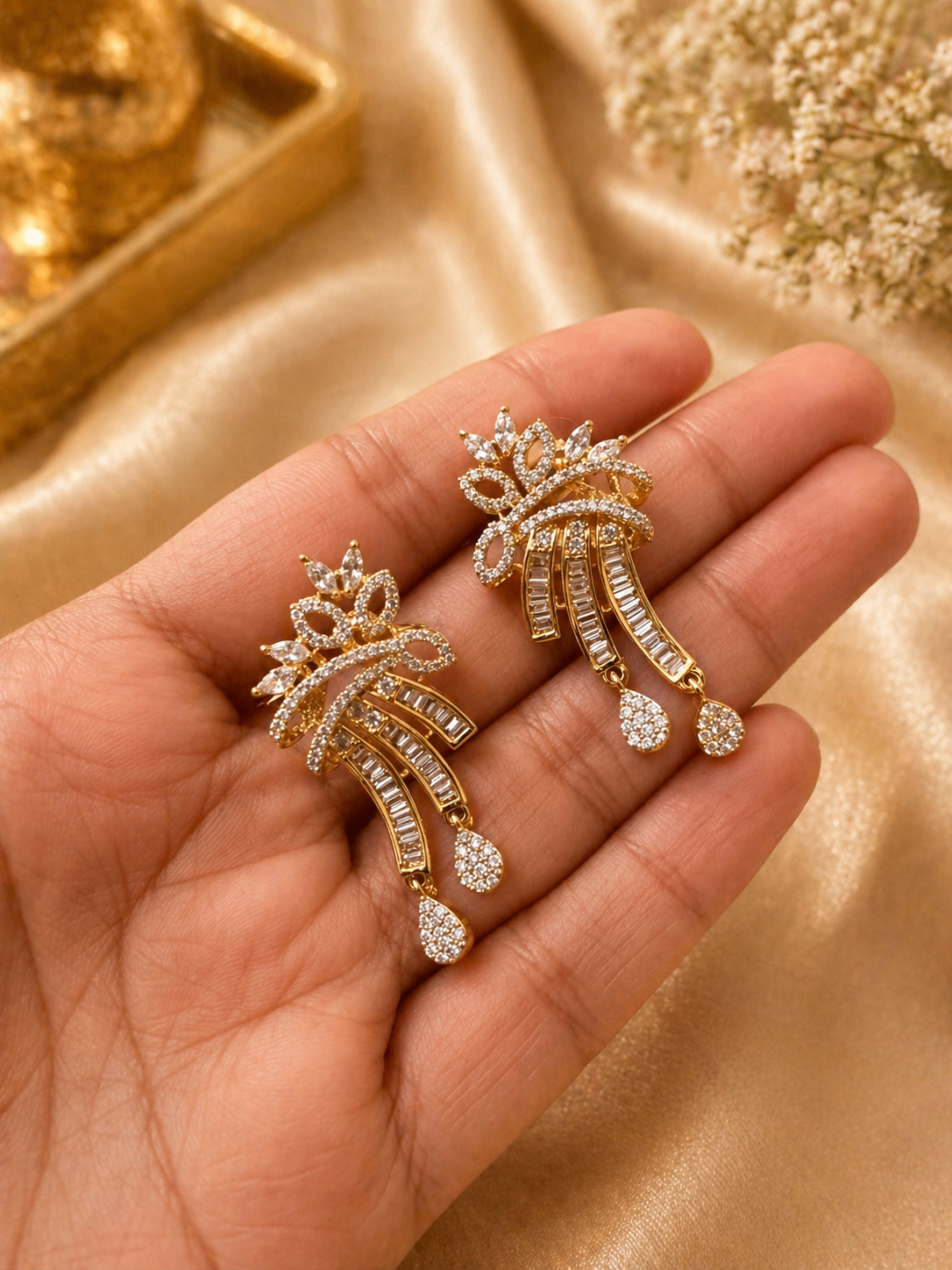 Gold Plated American Diamond Designer Necklace Set with Cascading Drop Pendant