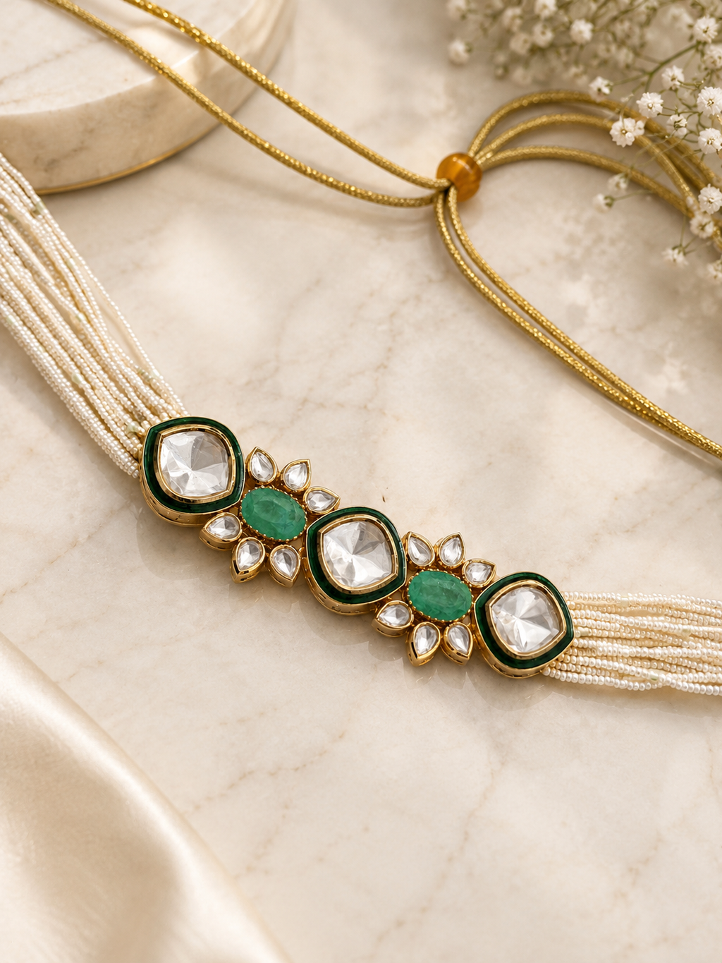 Emerald Kundan Choker Set | Green Stone Traditional Polki Necklace Set