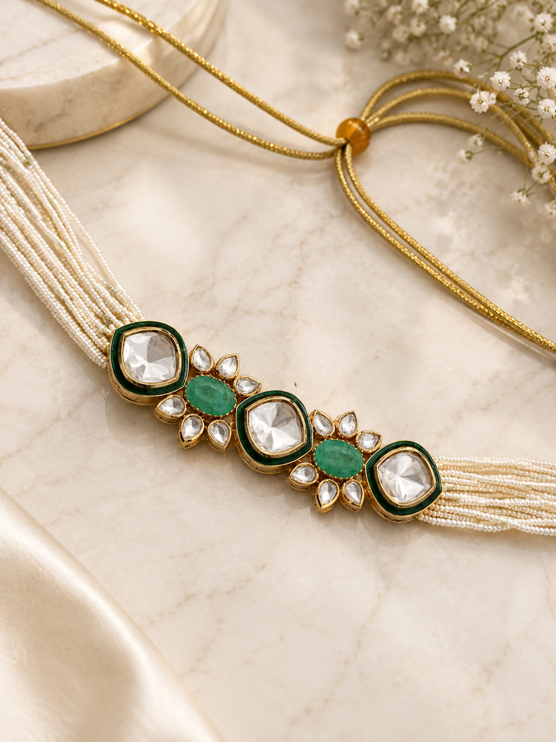 Emerald Kundan Choker Set | Green Stone Traditional Polki Necklace Set