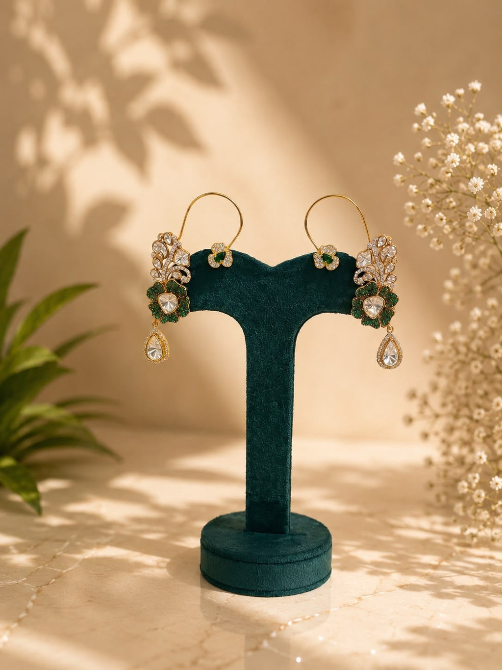 Emerald Floral Ear Cuff Earrings | Statement Crystal Drop Earrings | Anti Tarnish