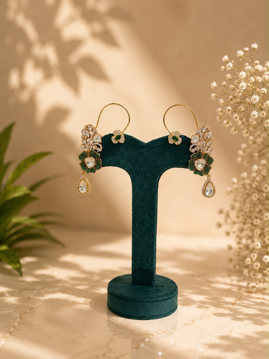 Emerald Floral Ear Cuff Earrings | Statement Crystal Drop Earrings | Anti Tarnish