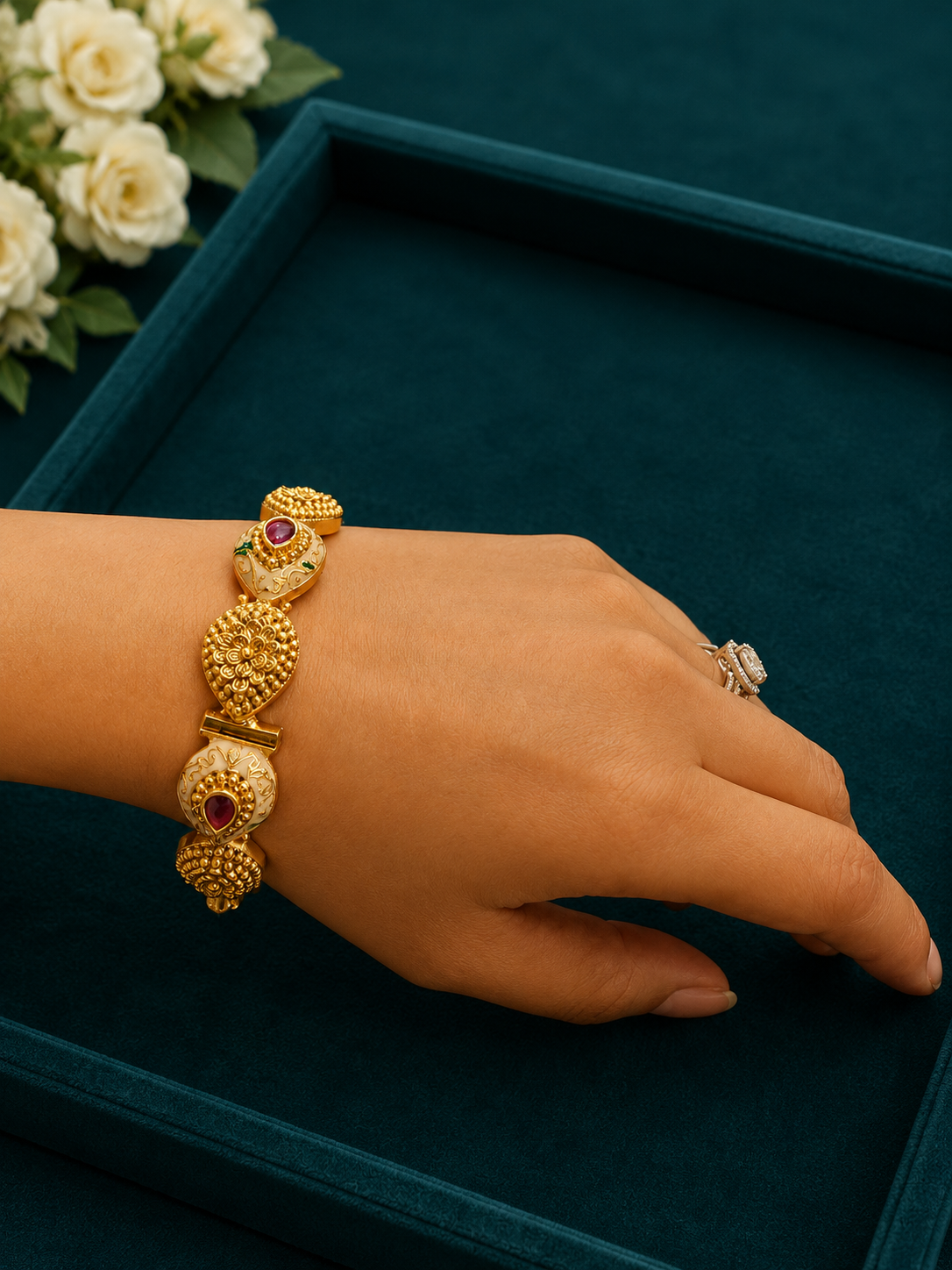 Ruby Enamel Floral Antique Kada Bangles