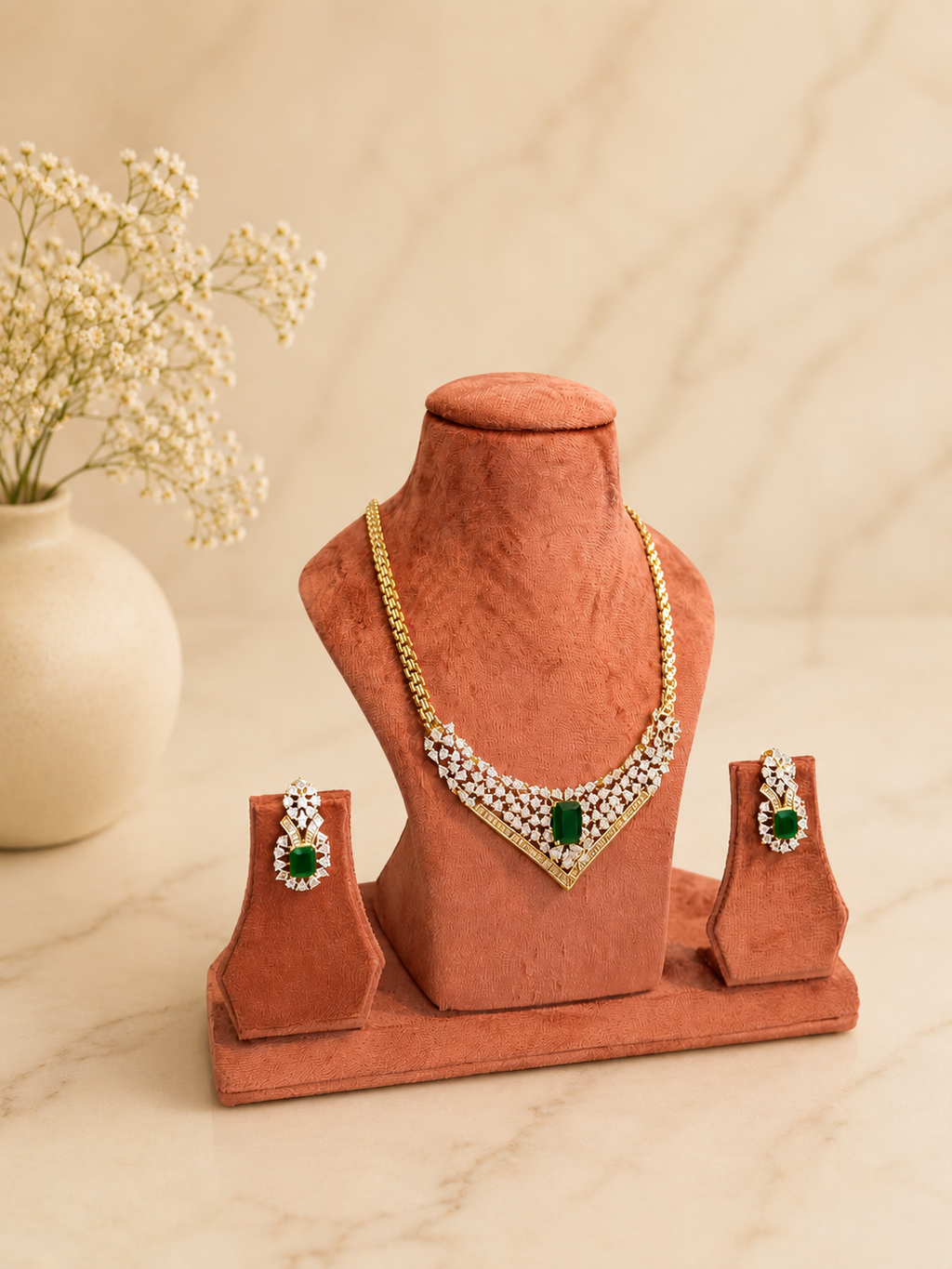 Emerald Diamond Look Necklace Set | Premium Green Stone Jewellery