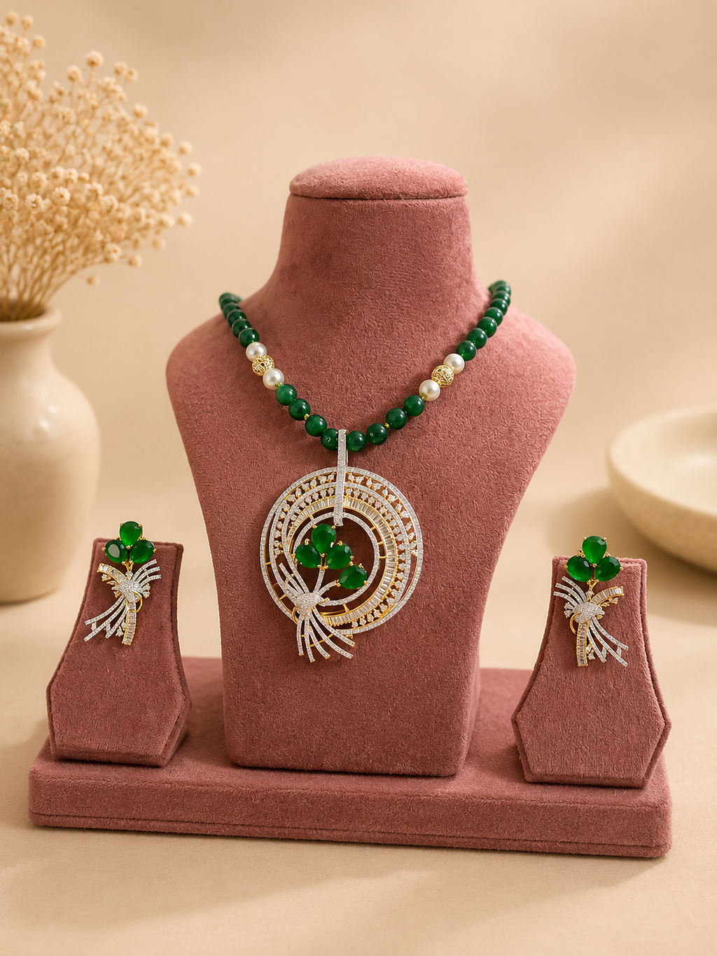 Emerald Green Beaded Pendant Necklace Set with Earrings | Contemporary American Diamond Jewellery