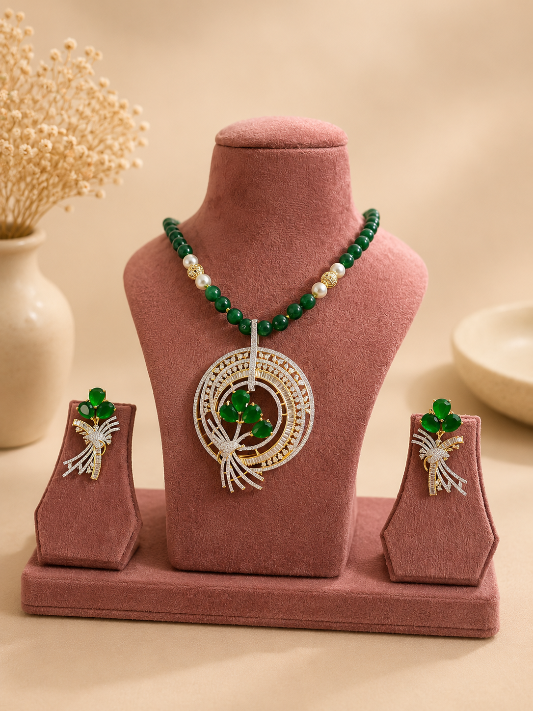 Emerald Green Beaded Pendant Necklace Set with Earrings | Contemporary American Diamond Jewellery