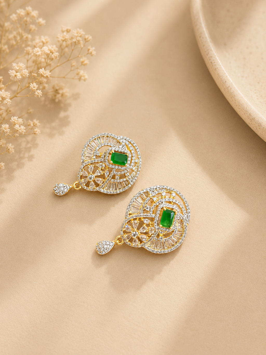 Emerald Green Beaded American Diamond Pendant Necklace Set with Earrings | Designer Wedding Jewellery