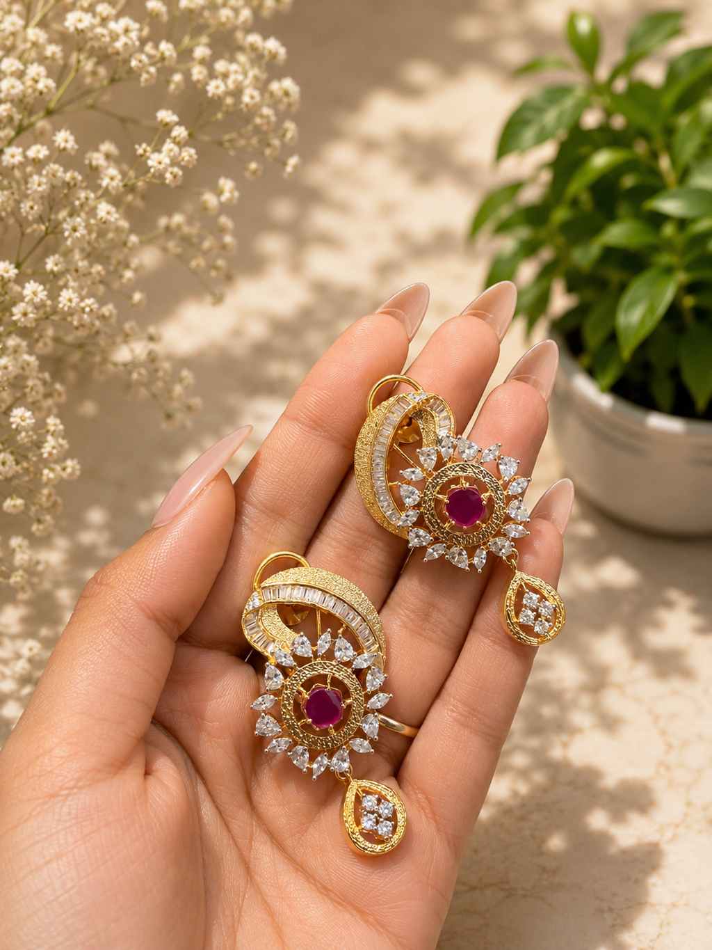 Pink Beaded Diamond Pendant Necklace Set | Pearl & Ruby Premium Anti Tarnish Jewellery