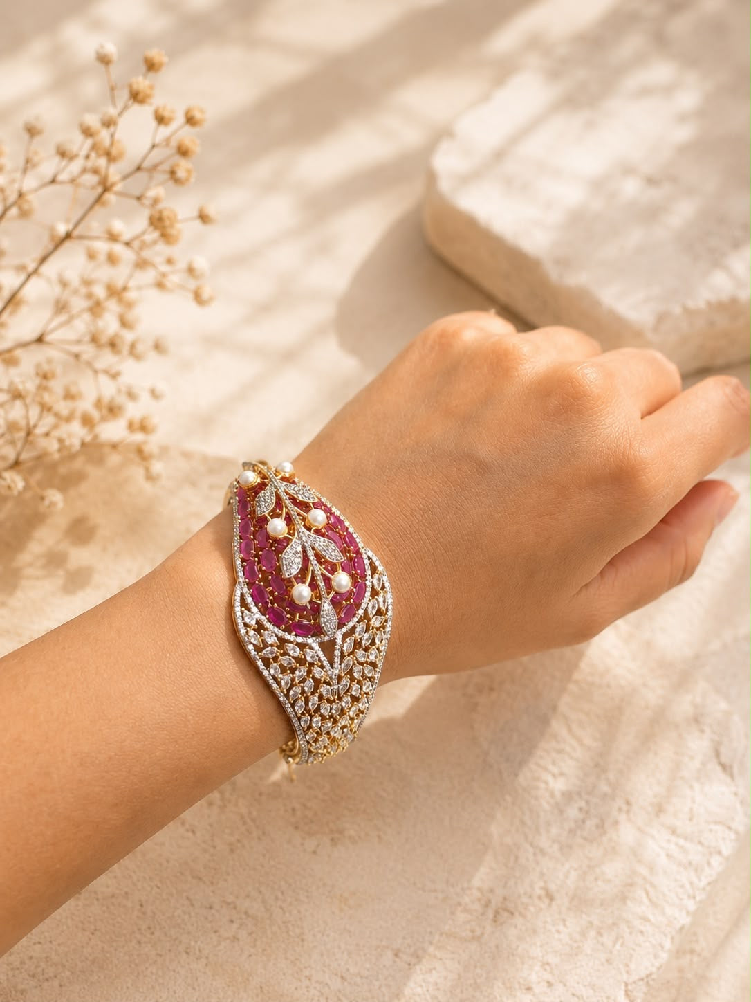 Ruby Pink Pearl Statement Bracelet