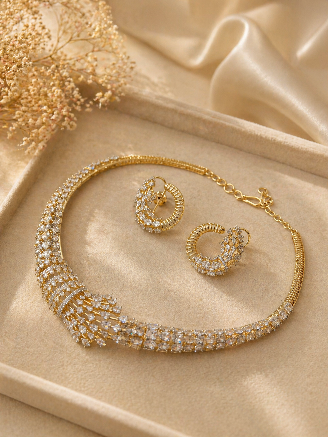 Gold Plated American Diamond Choker Necklace Set with Statement Hoop Earrings