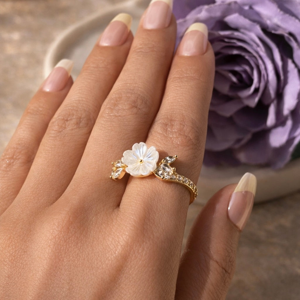 White Flower charm ring