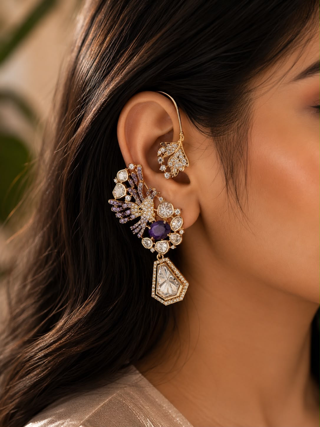 Royal Peacock Ear Cuff Earrings | Purple Crystal Statement Earrings | Anti Tarnish