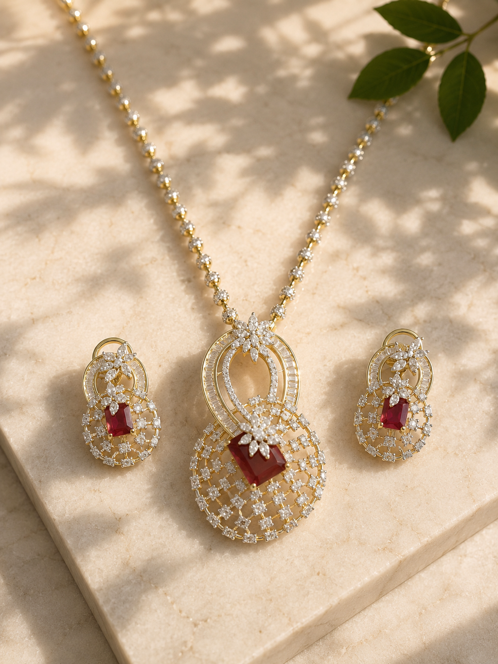 Ruby Red American Diamond Pendant Set | Designer CZ Necklace Set for Women