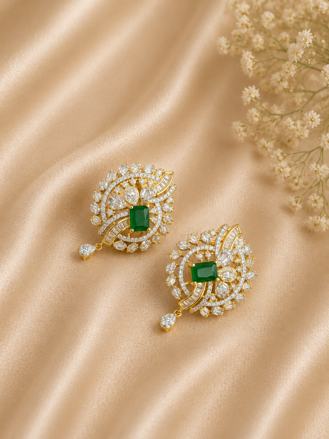 Green Beaded American Diamond Pendant Necklace Set with Earrings | Emerald Statement Jewellery