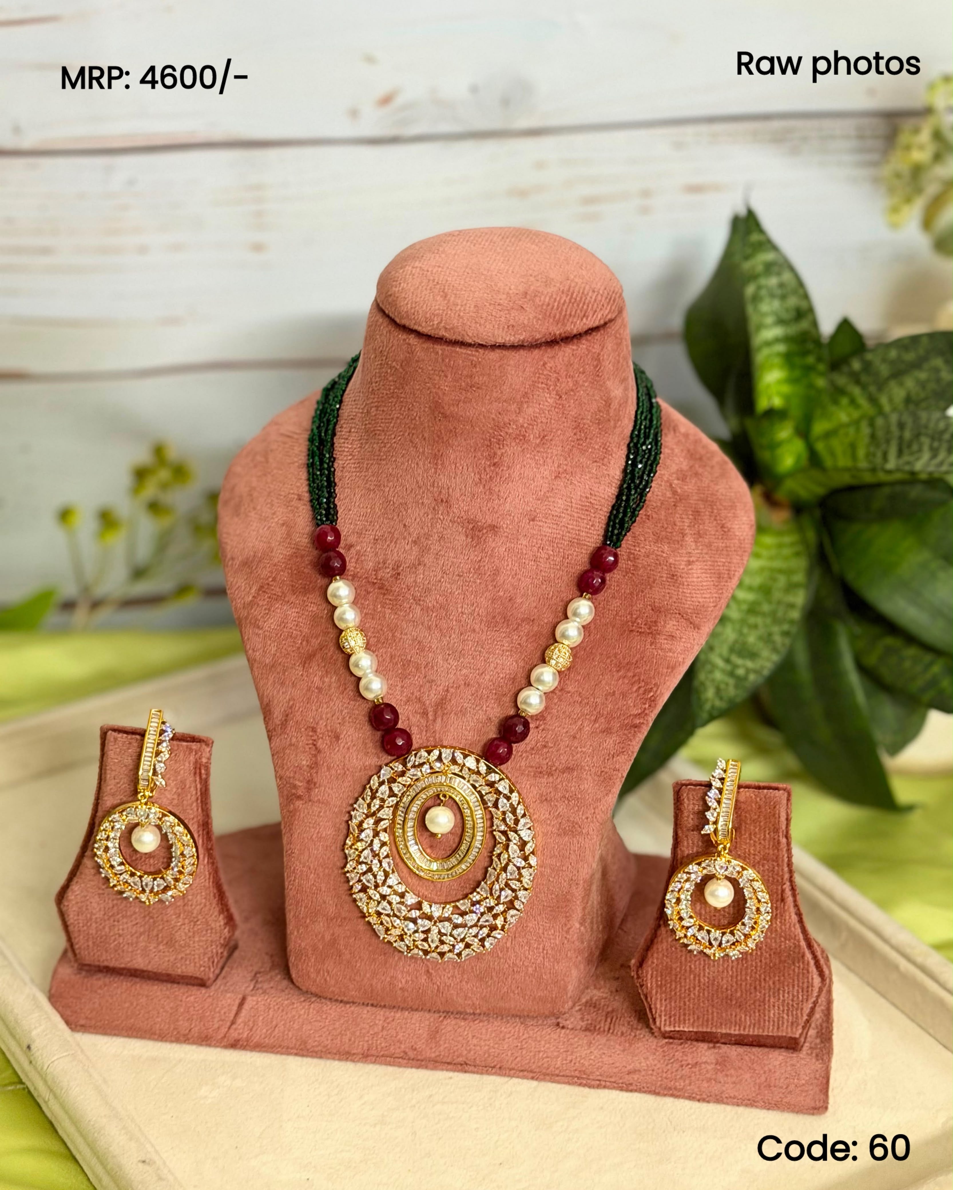 Ruby Pearl Statement Pendant Set | Maroon & Green Beaded Necklace | Anti Tarnish