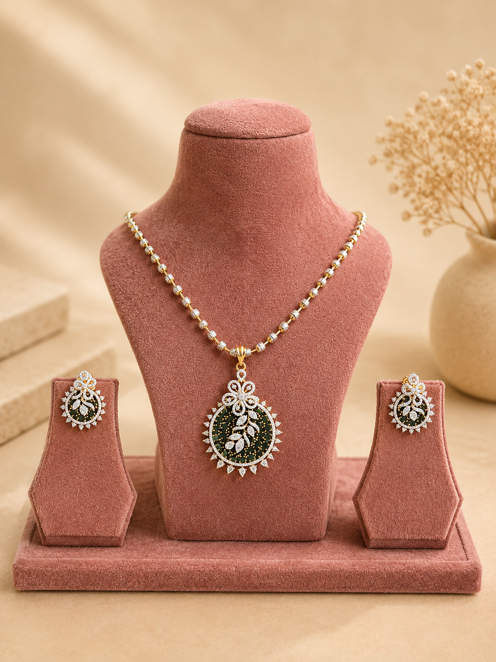 Green Stone Floral Pendant Necklace Set for Women | Elegant Party Wear Jewellery