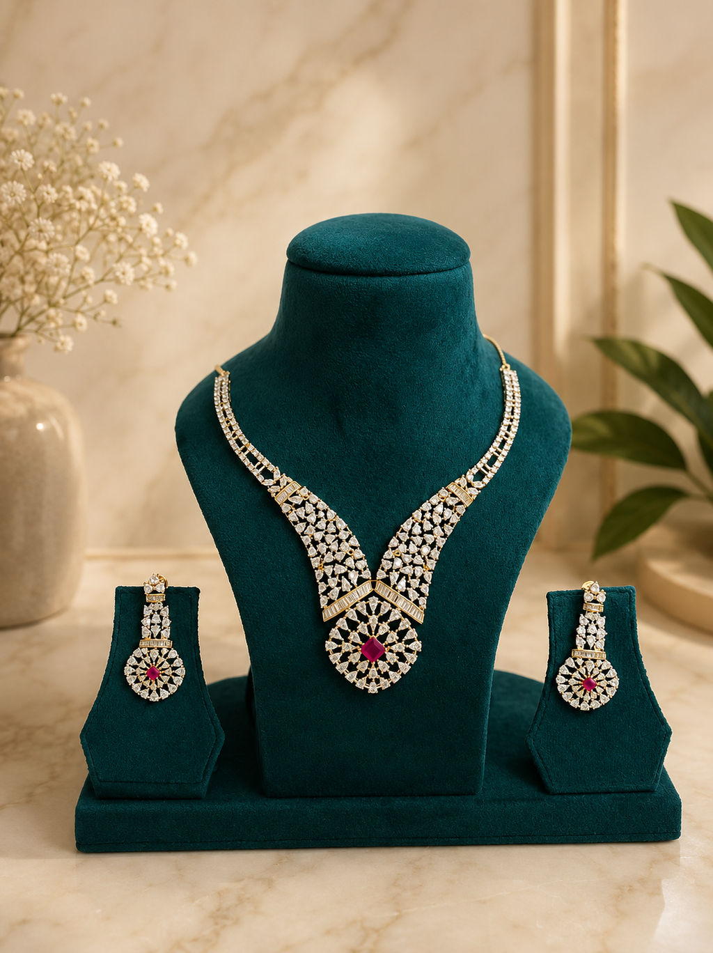 Ruby Royale Diamond Look Necklace Set | American Diamond Bridal Jewellery