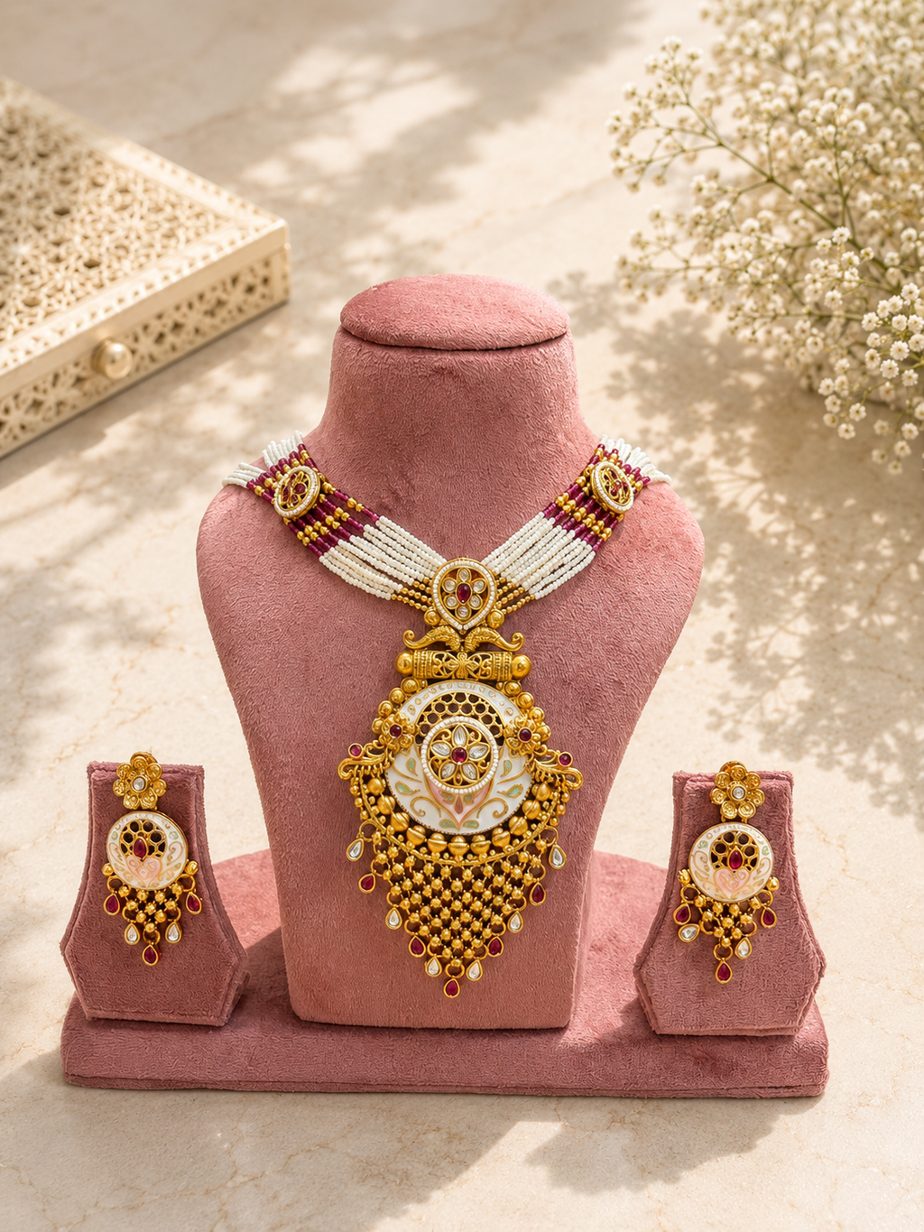 Antique Temple Enamel Pendant Necklace Set | White & Magenta Beaded Temple Jewellery | Anti Tarnish