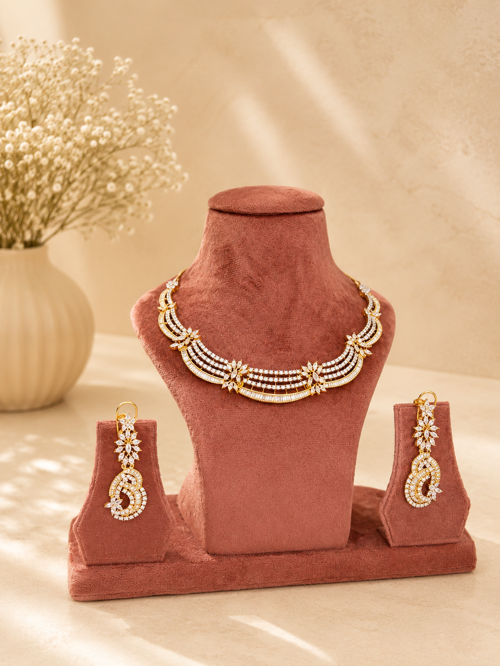Aurielle Cascade Diamond Look Necklace Set | Luxury American Diamond Party Wear Jewellery