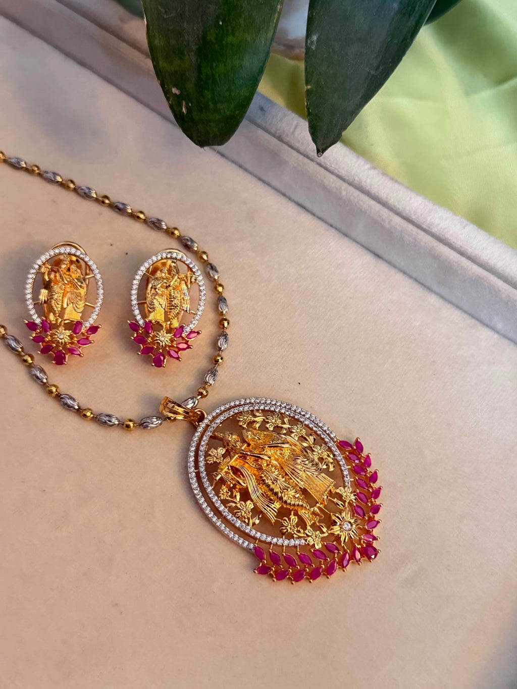 Radha Krishna Pendant Necklace Set | Pink Stone Statement Jewellery | House of Orna