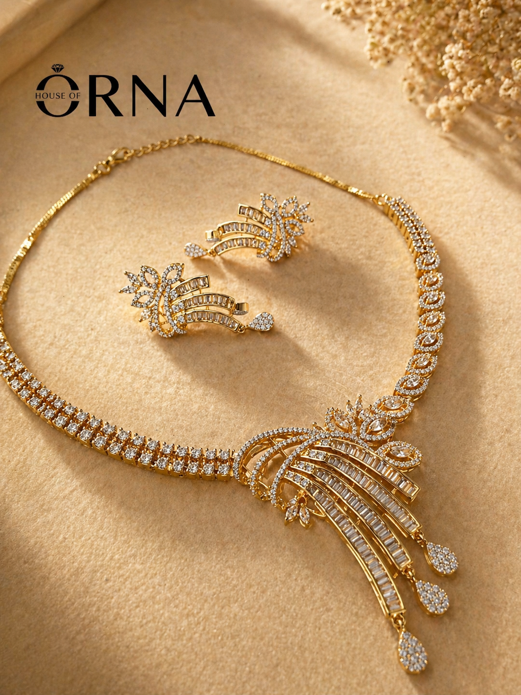 Gold Plated American Diamond Designer Necklace Set with Cascading Drop Pendant