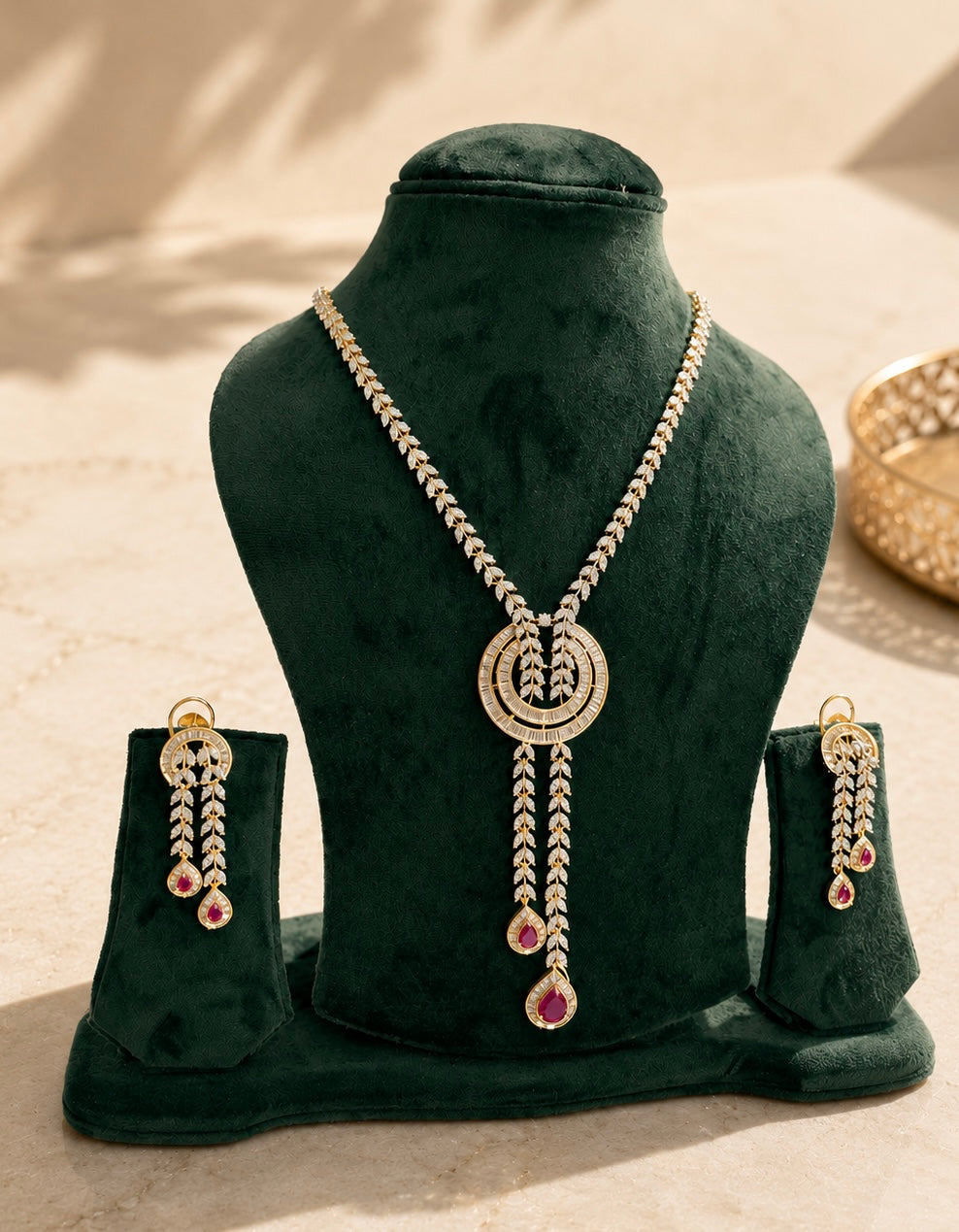 Ruby Cascade Diamond Look Necklace Set | American Diamond Drop Jewellery