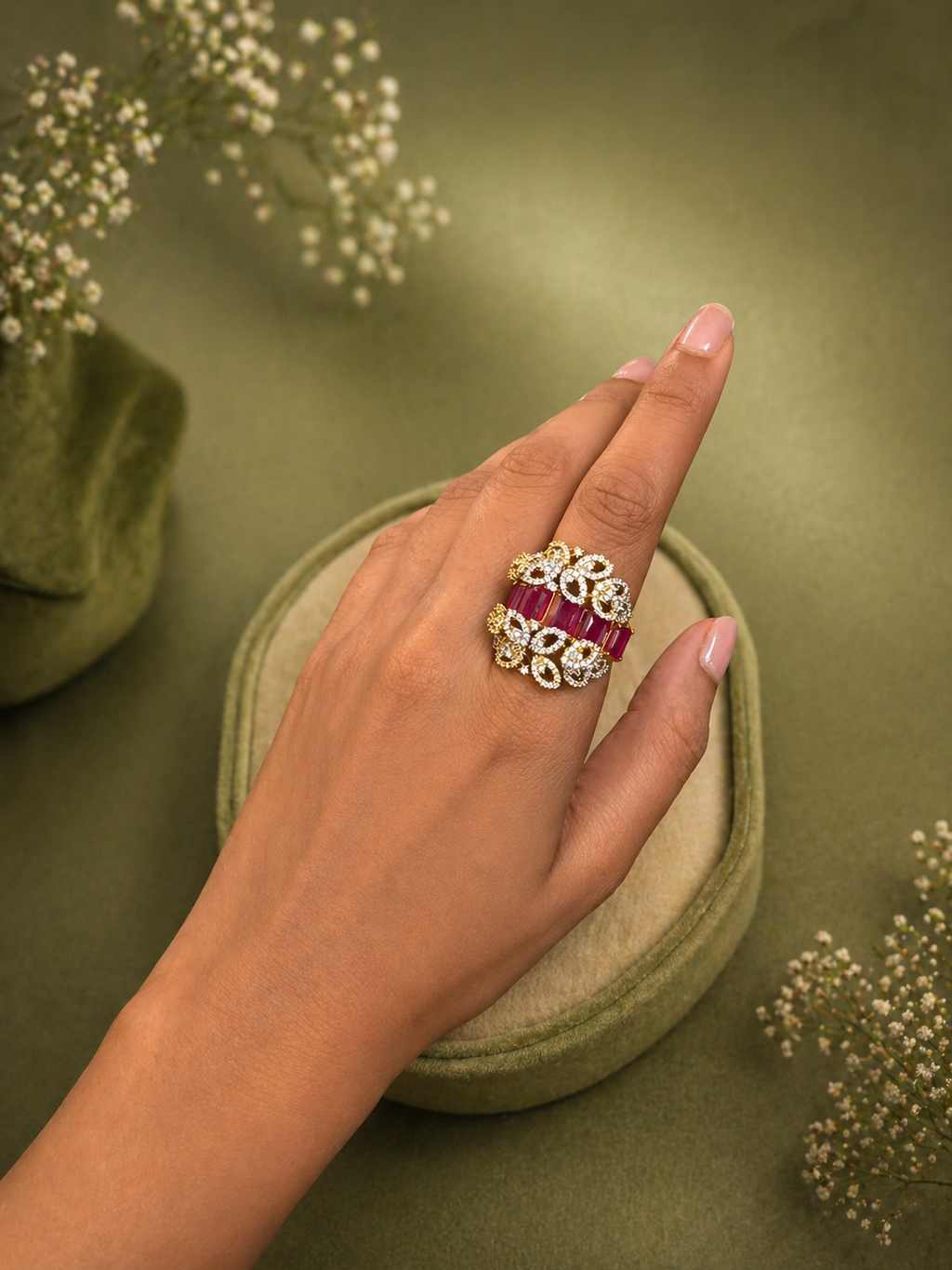 Adjustable Ruby Band Statement Ring with Diamond Look Floral Detailing