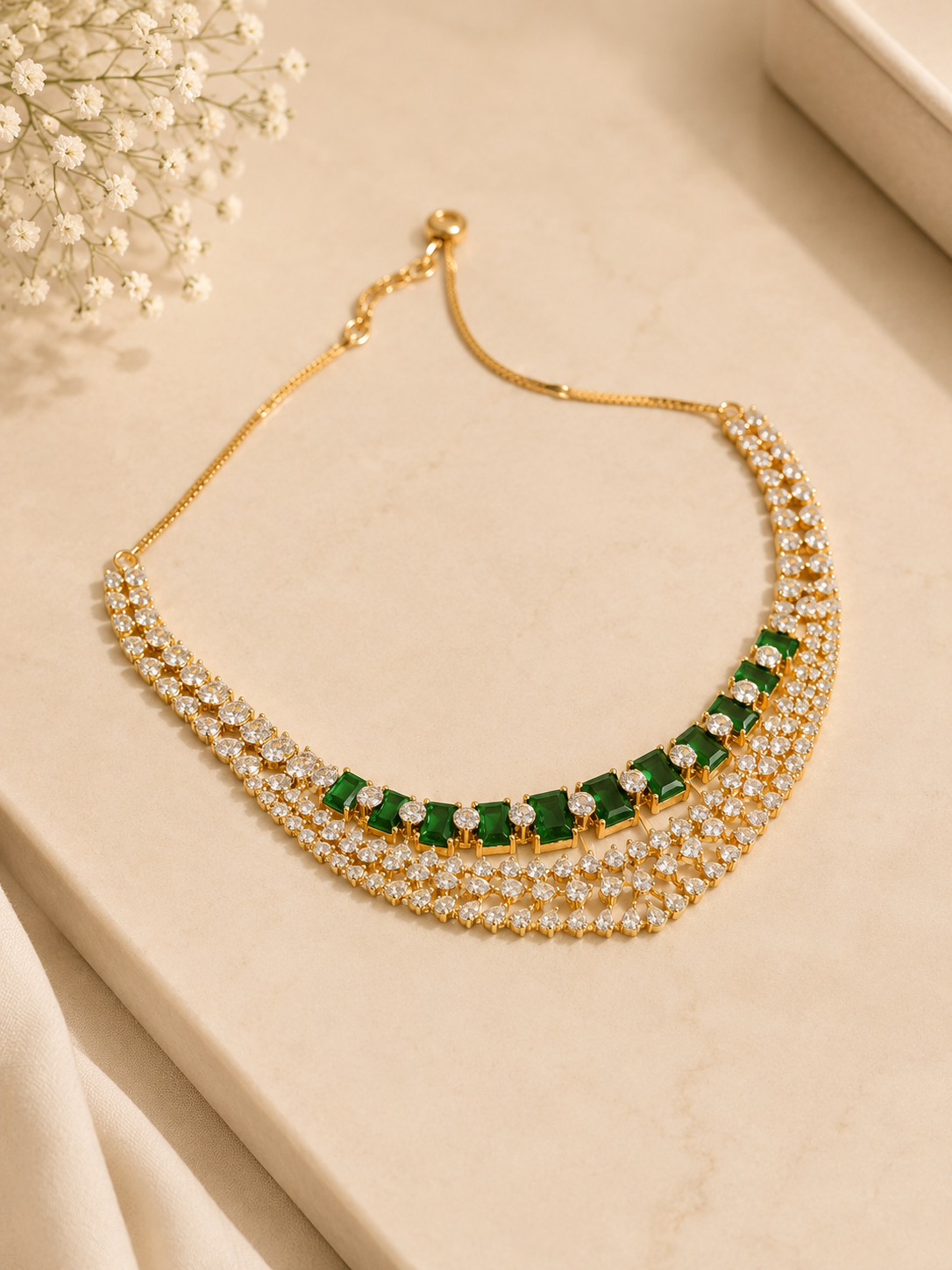 Emerald Diamond Look Necklace Set | Luxury Green Stone Jewellery