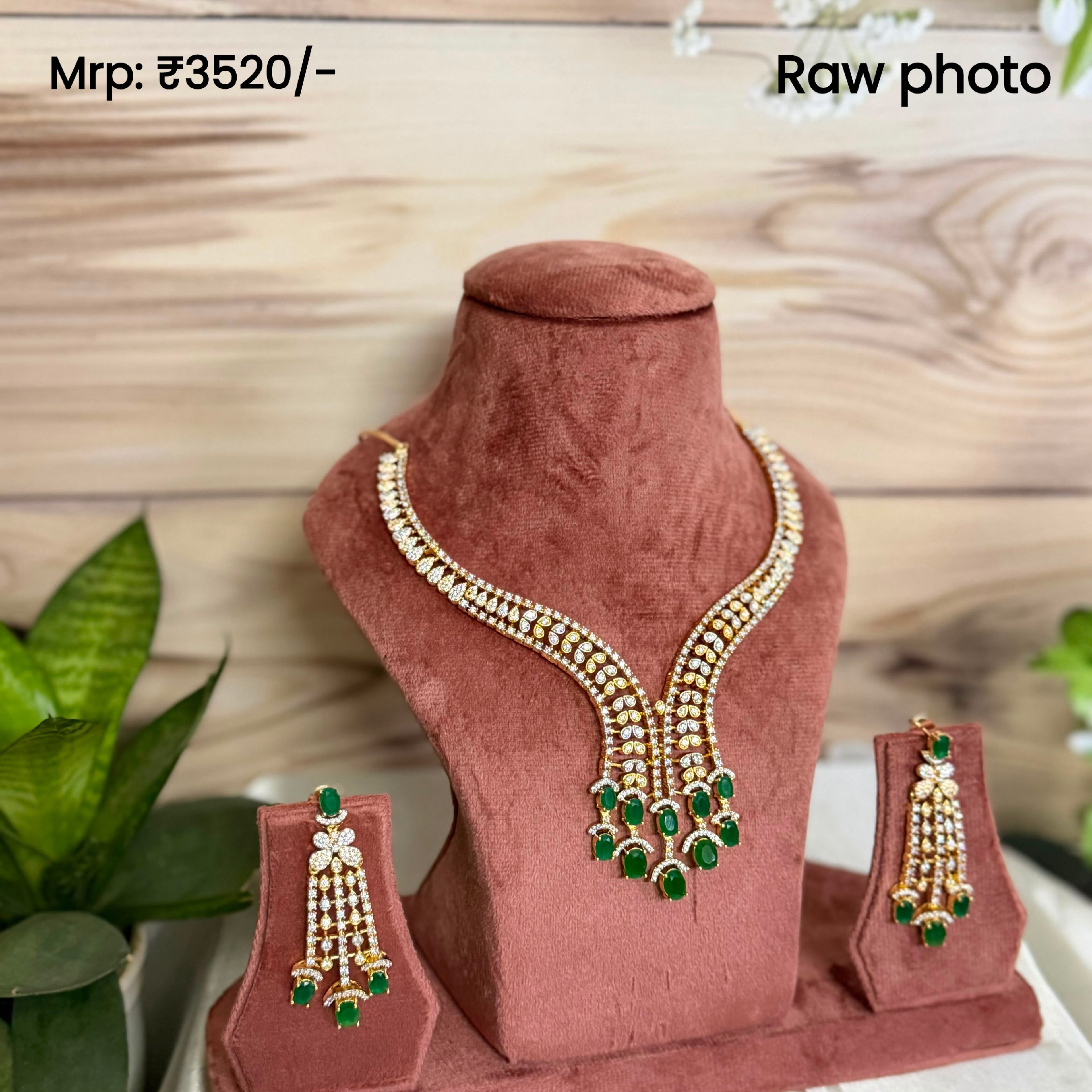 Emerald Drop Diamond Look Necklace Set | Green Stone American Diamond Jewellery