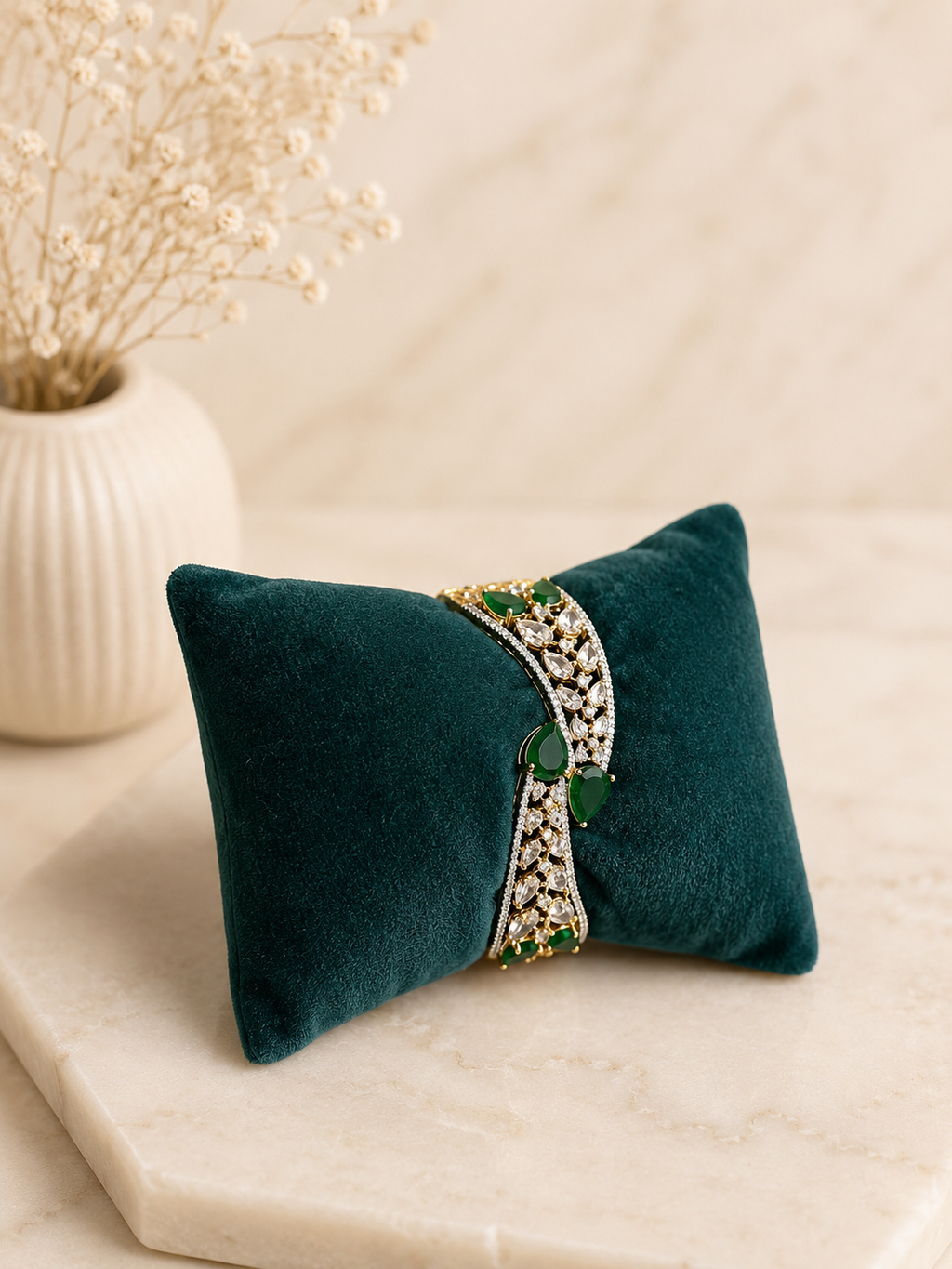 Emerald Wave Diamond Look Cuff Bracelet | Premium Gold Finish Kada for Women