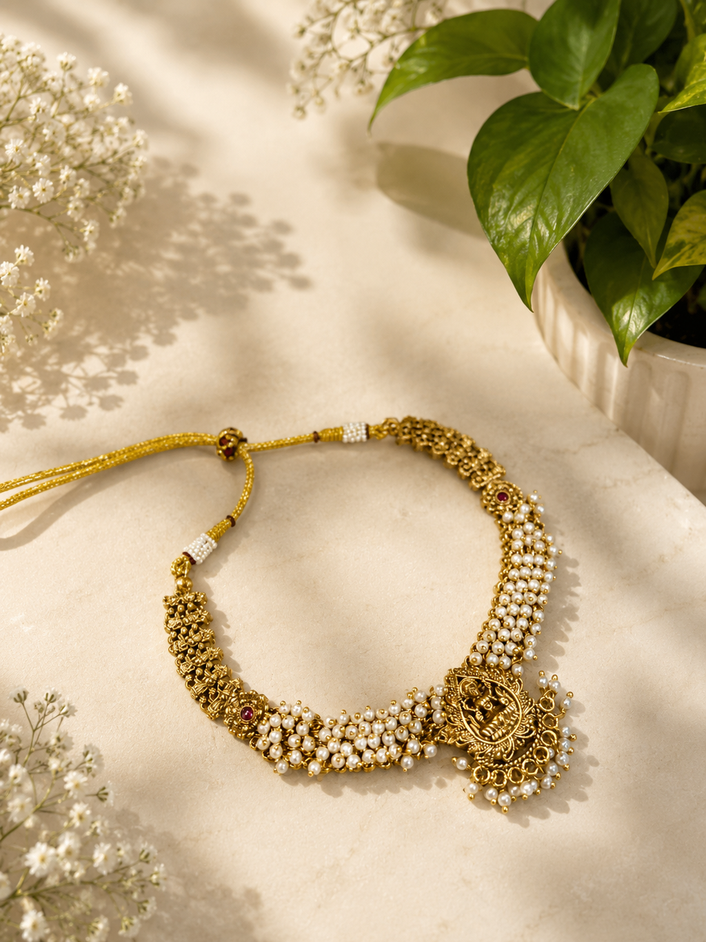 Temple Pearl Choker Necklace Set | Lakshmi Pendant Gold Finish Anti Tarnish Jewellery