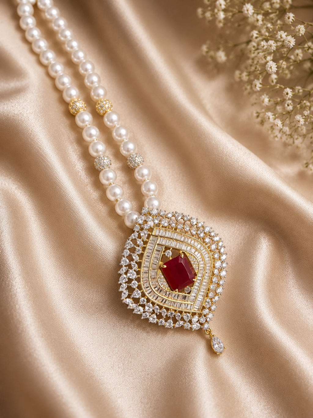 Pearl Necklace Set with Ruby Red Pendant & Earrings | American Diamond Party Wear Jewellery