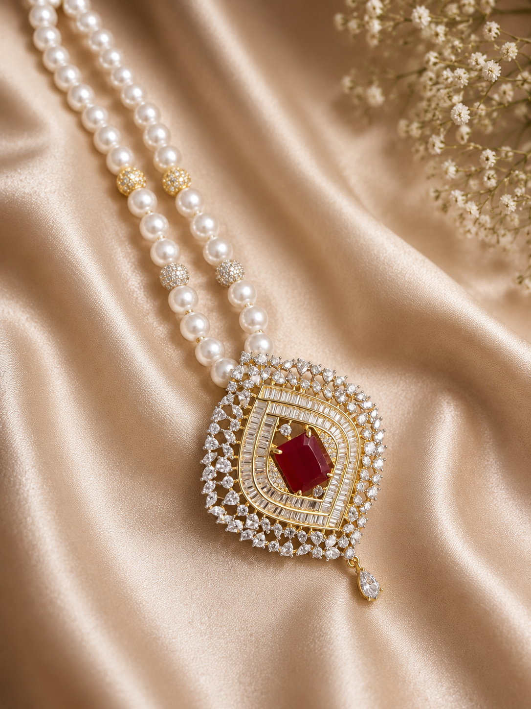 Pearl Necklace Set with Ruby Red Pendant & Earrings | American Diamond Party Wear Jewellery