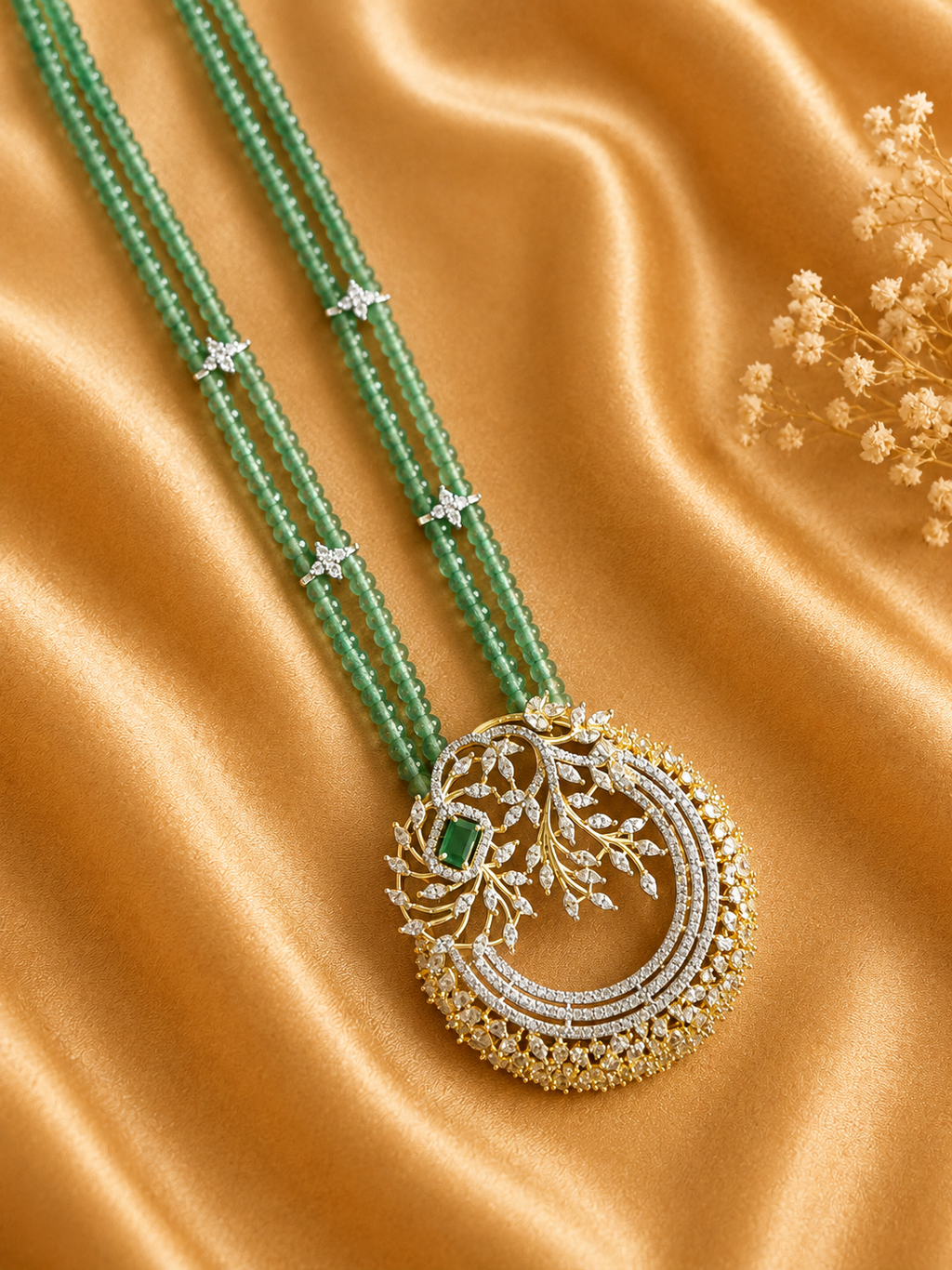 Green Beaded American Diamond Pendant Necklace Set with Matching Earrings | Luxury Designer Jewellery